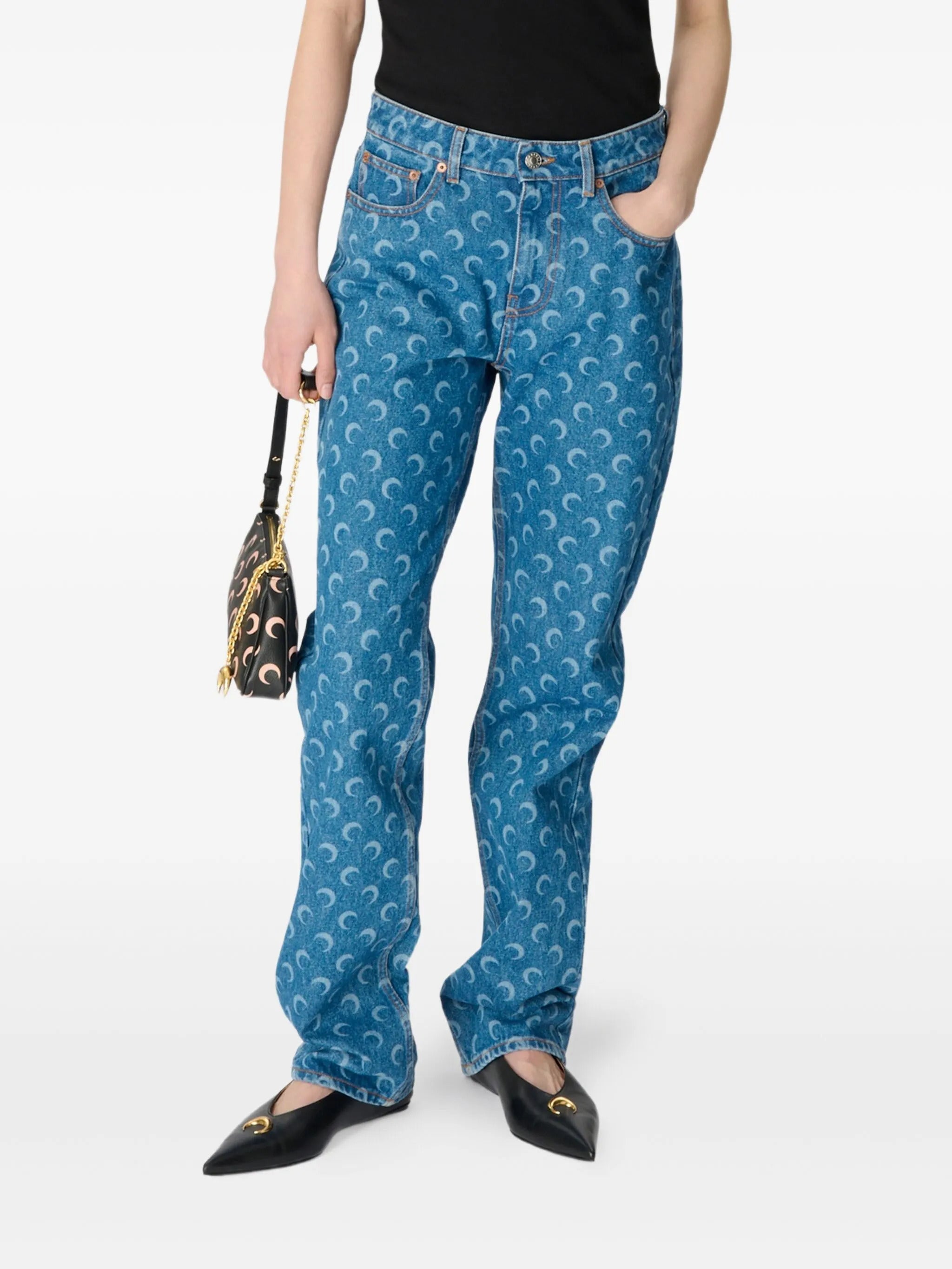 MARINE SERRE High Waist Straight Leg Jeans with Crescent Moon Pattern