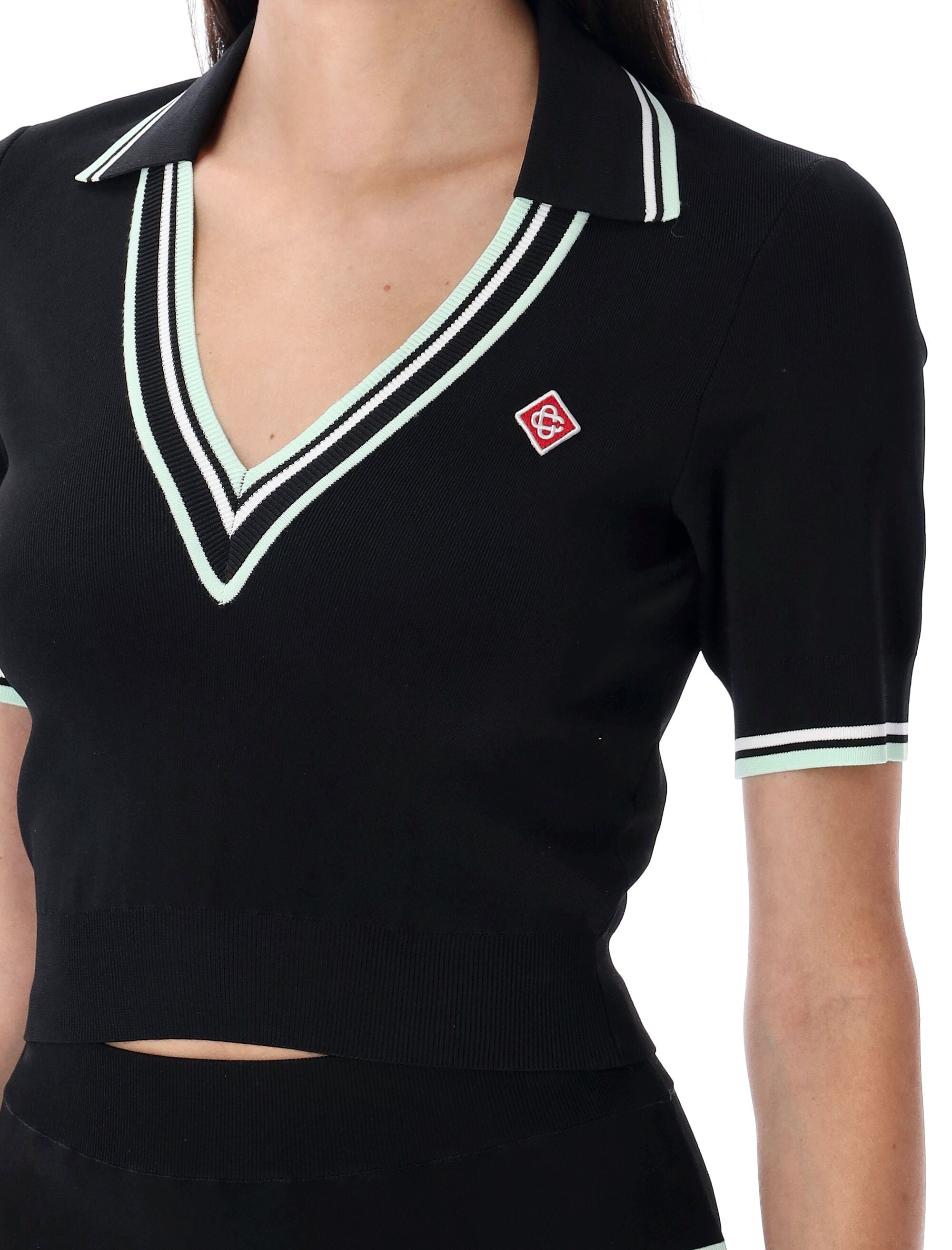 CASABLANCA V-Neck Knit Top with Striped Trim - Women's