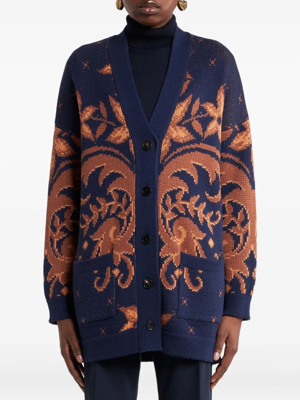 ETRO Wool Jacquard Knit Cardigan - V-Neck, Long Sleeves