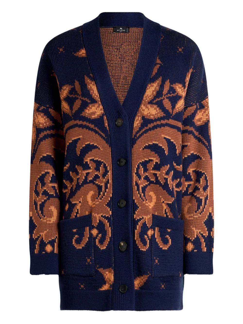 ETRO Wool Jacquard Knit Cardigan - V-Neck, Long Sleeves