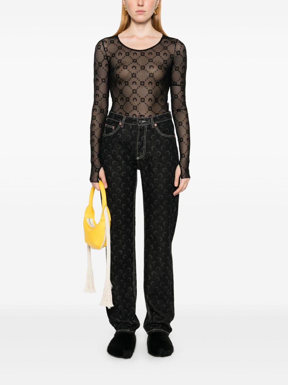 MARINE SERRE Monogram Mesh Flock Top with Extra Long Sleeves (Size S)