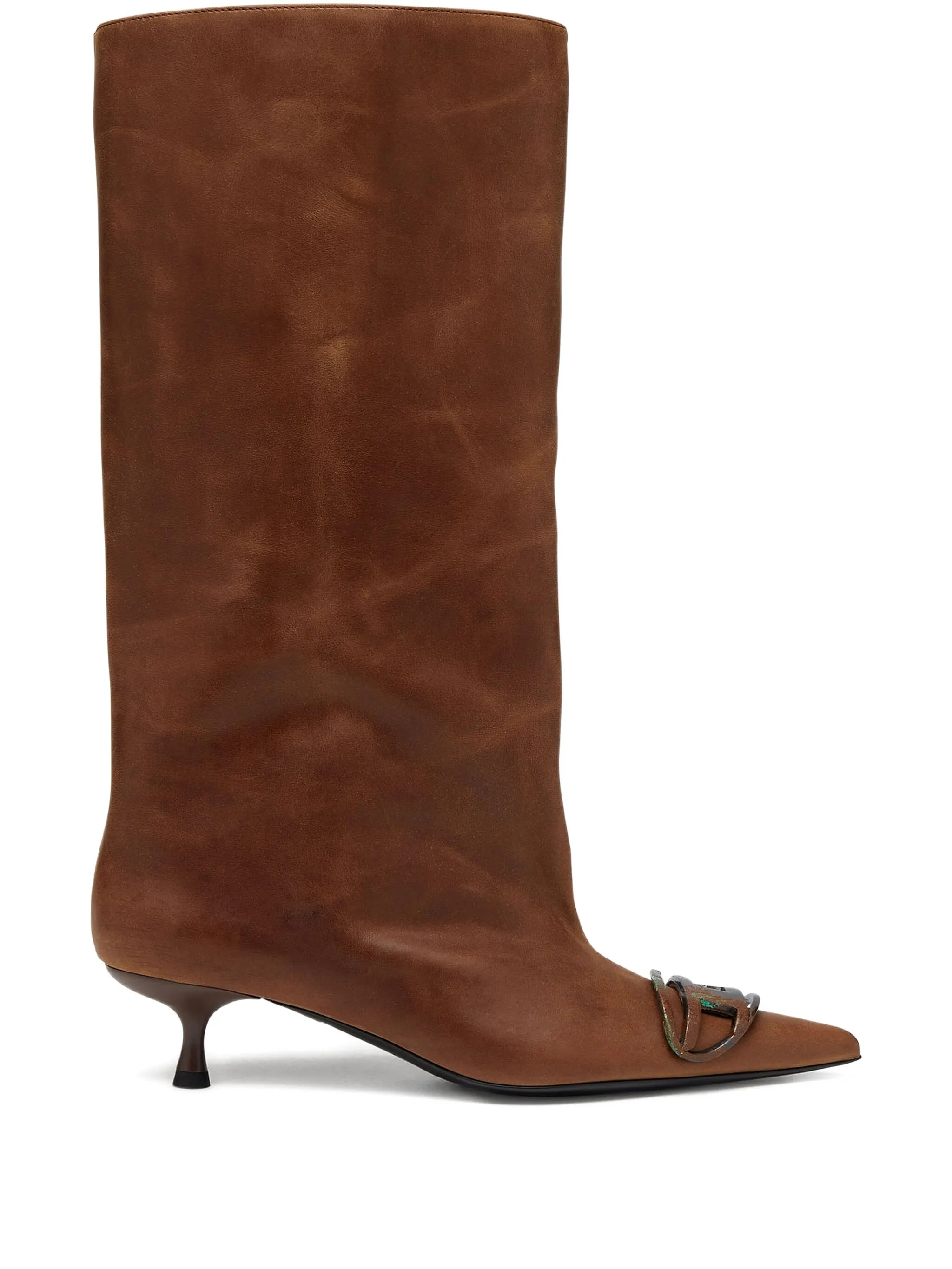DIESEL Knee-High Leather Boots with Kitten Heel