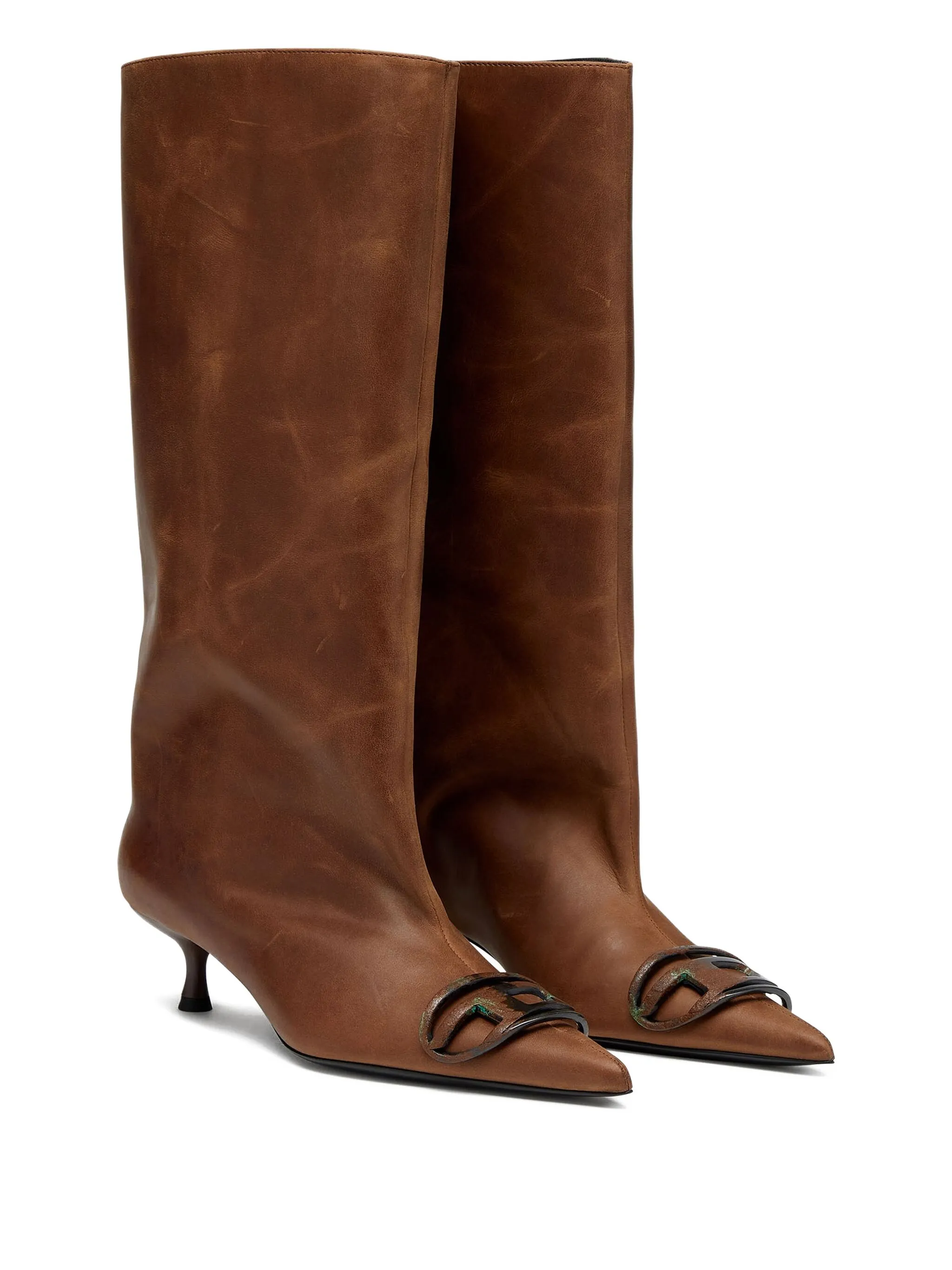 DIESEL Knee-High Leather Boots with Kitten Heel