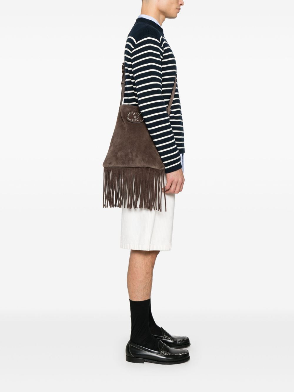 VALENTINO GARAVANI Suede Leather Shoulder Handbag with Adjustable Strap and Fringe Detail