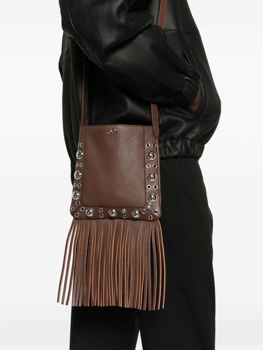 VALENTINO GARAVANI Mini Leather Crossbody Handbag with Studded Fringe