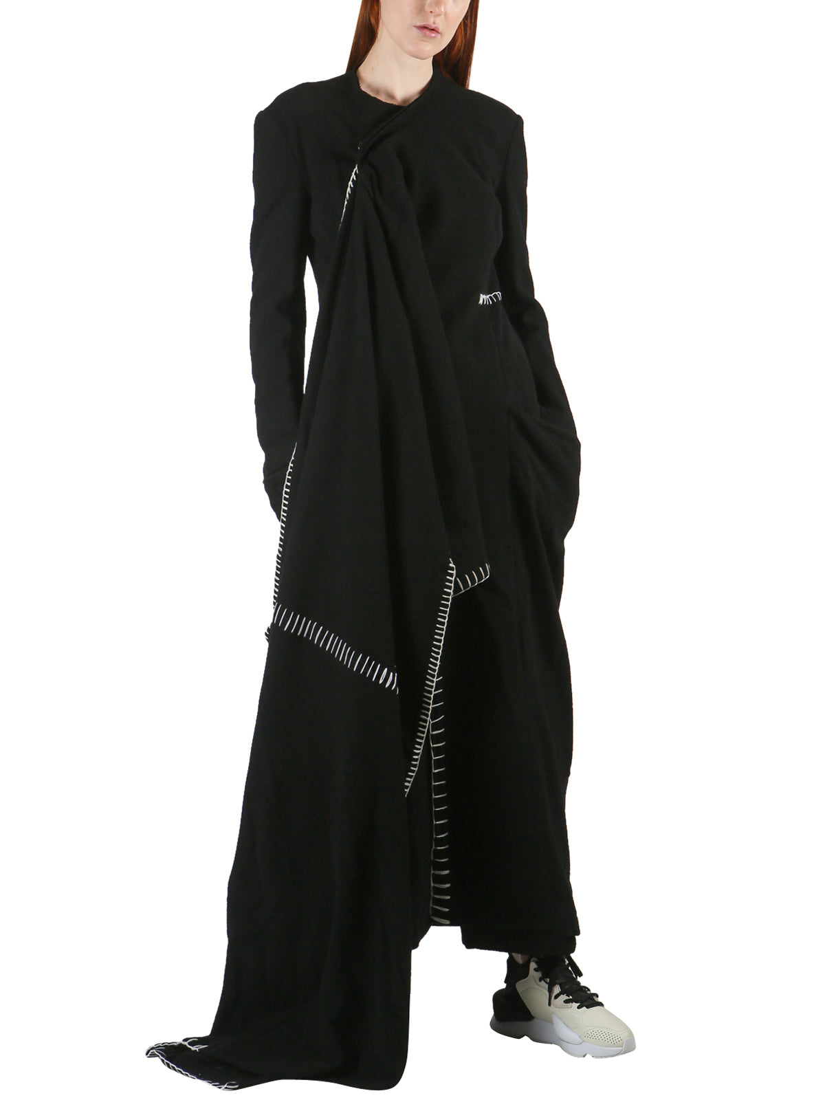 YOHJI YAMAMOTO Irregular Long Wool Jacket with Contrast Stitching - Size 1