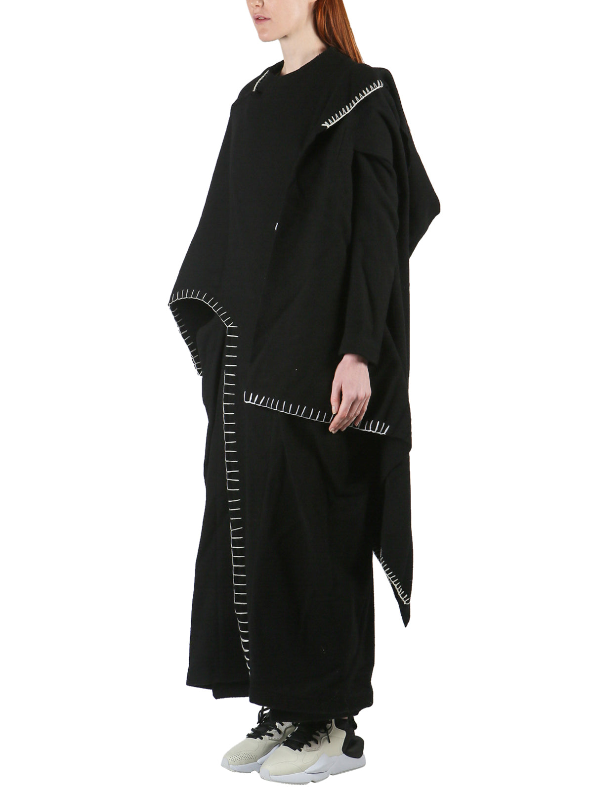 YOHJI YAMAMOTO Irregular Long Wool Jacket with Contrast Stitching - Size 1