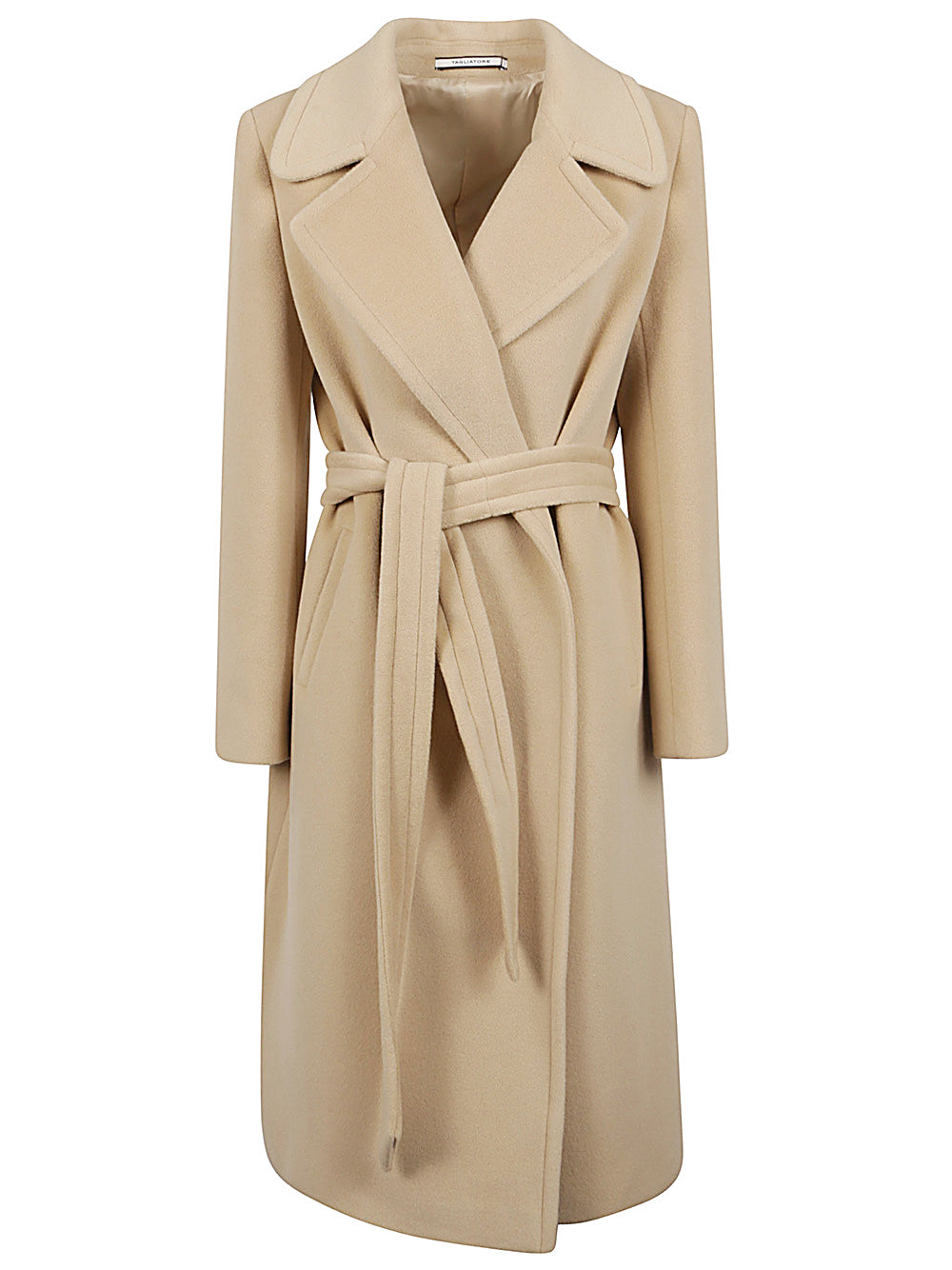 TAGLIATORE Wool Jacket with Wide Lapels and Belt Closure - Below the Knee Length