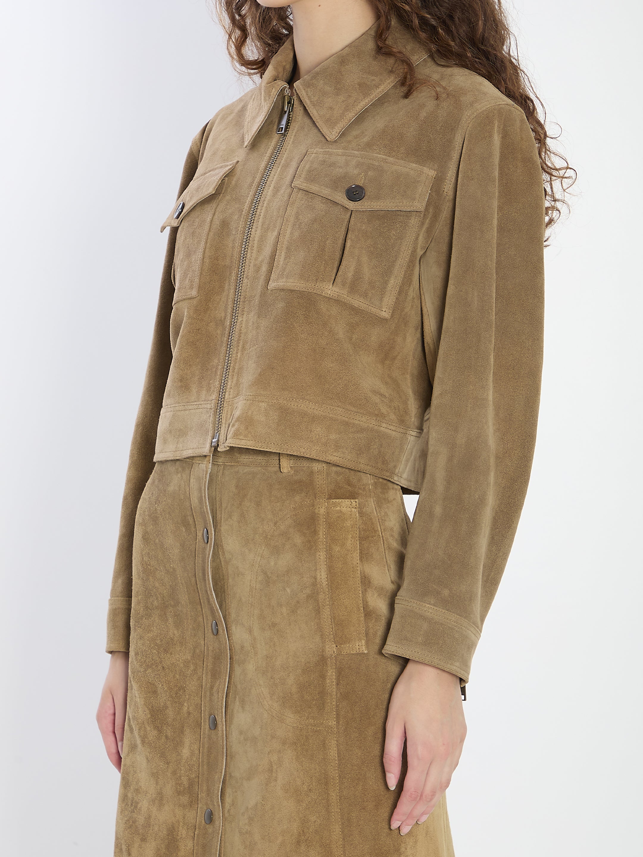 ARMA Womens Cropped Suede Jacket with Pointed Collar and Zipped Cuffs - Size 34