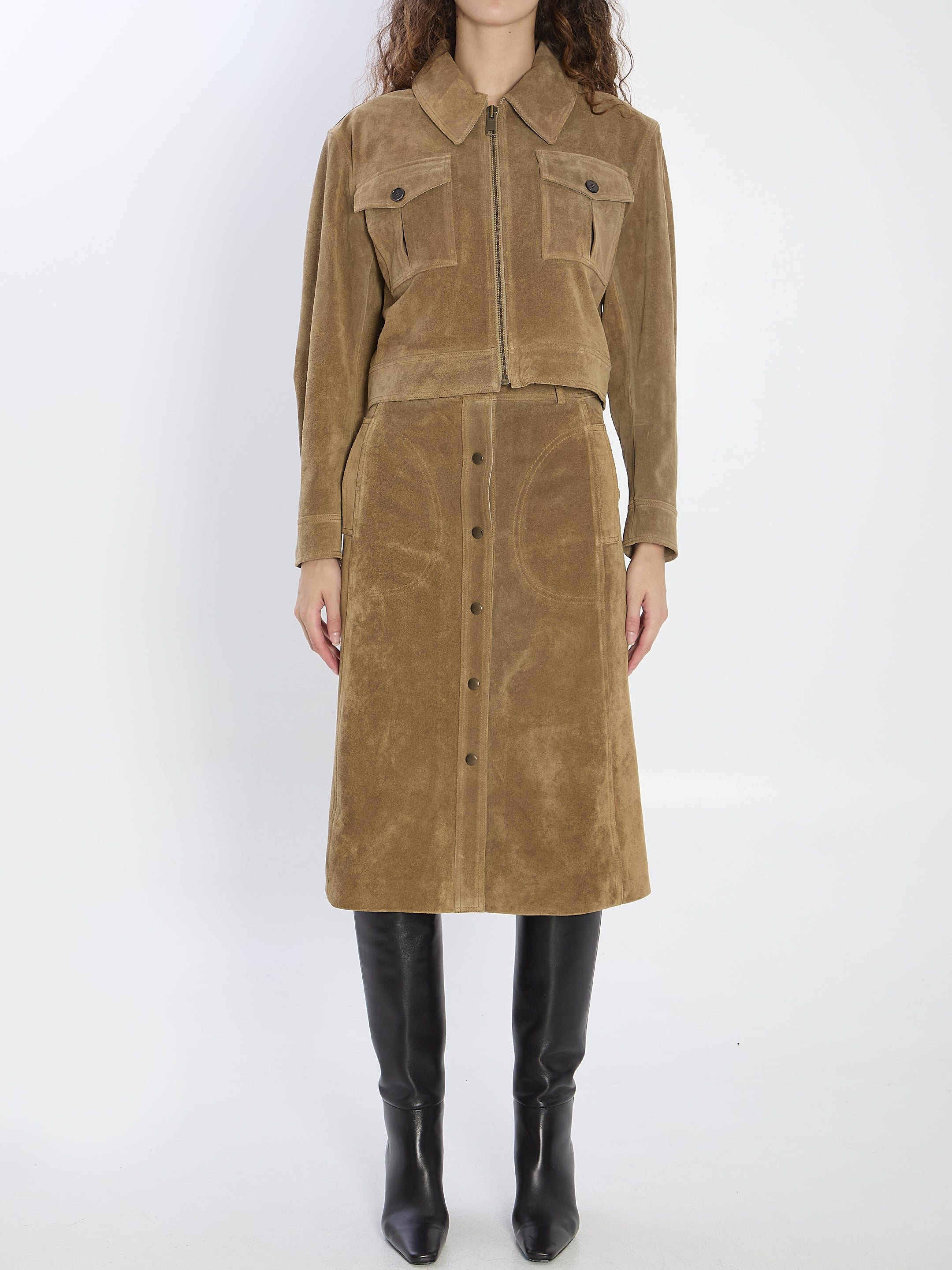 ARMA Womens Cropped Suede Jacket with Pointed Collar and Zipped Cuffs - Size 34