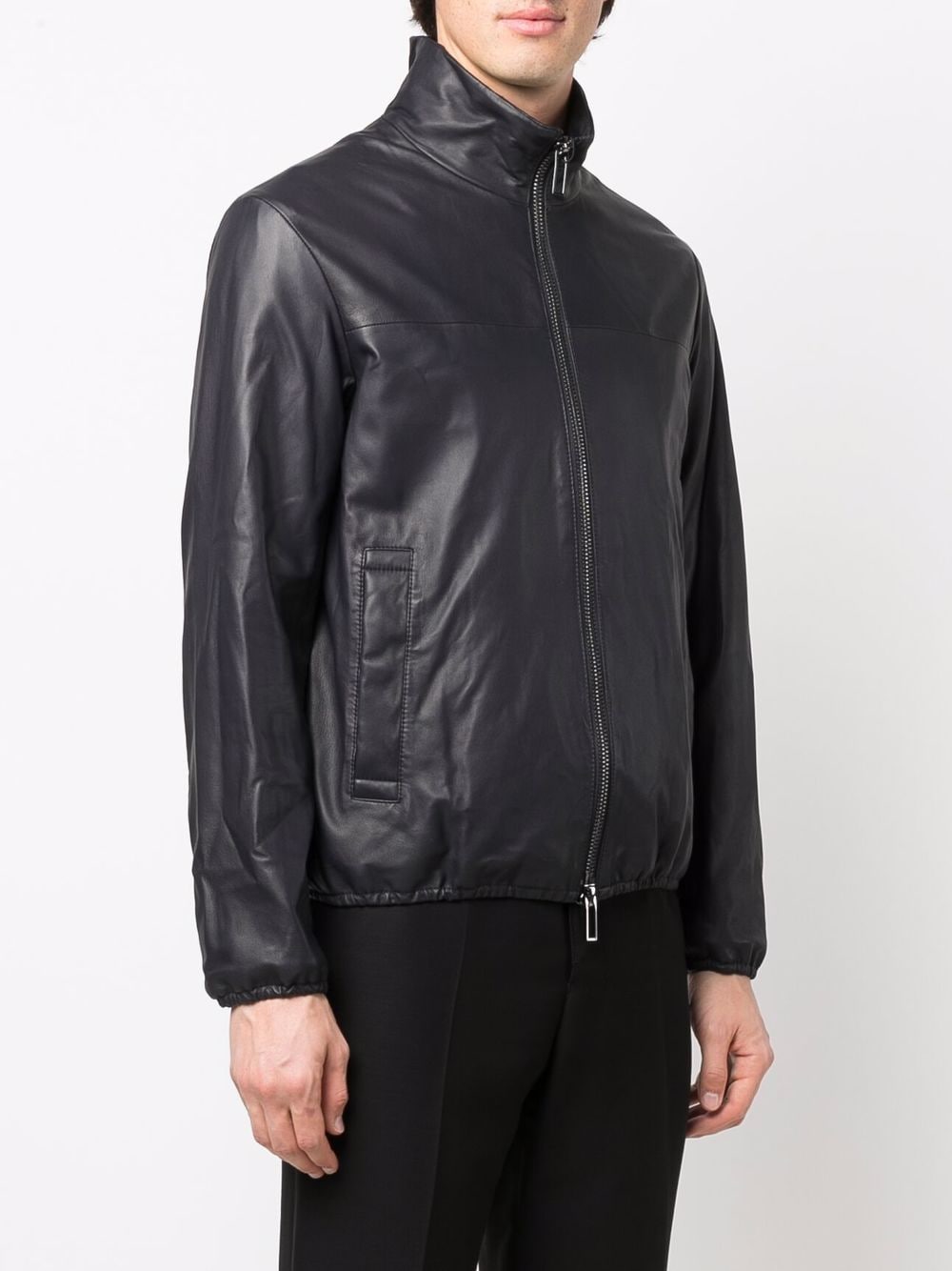 EMPORIO ARMANI Leather Zipped Jacket with Drawstring Hem