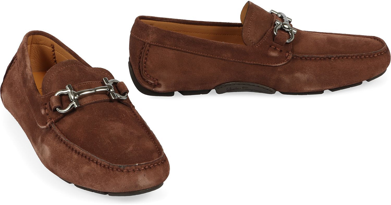 Ferragamo Suede Loafers with Gancini Hook Detail