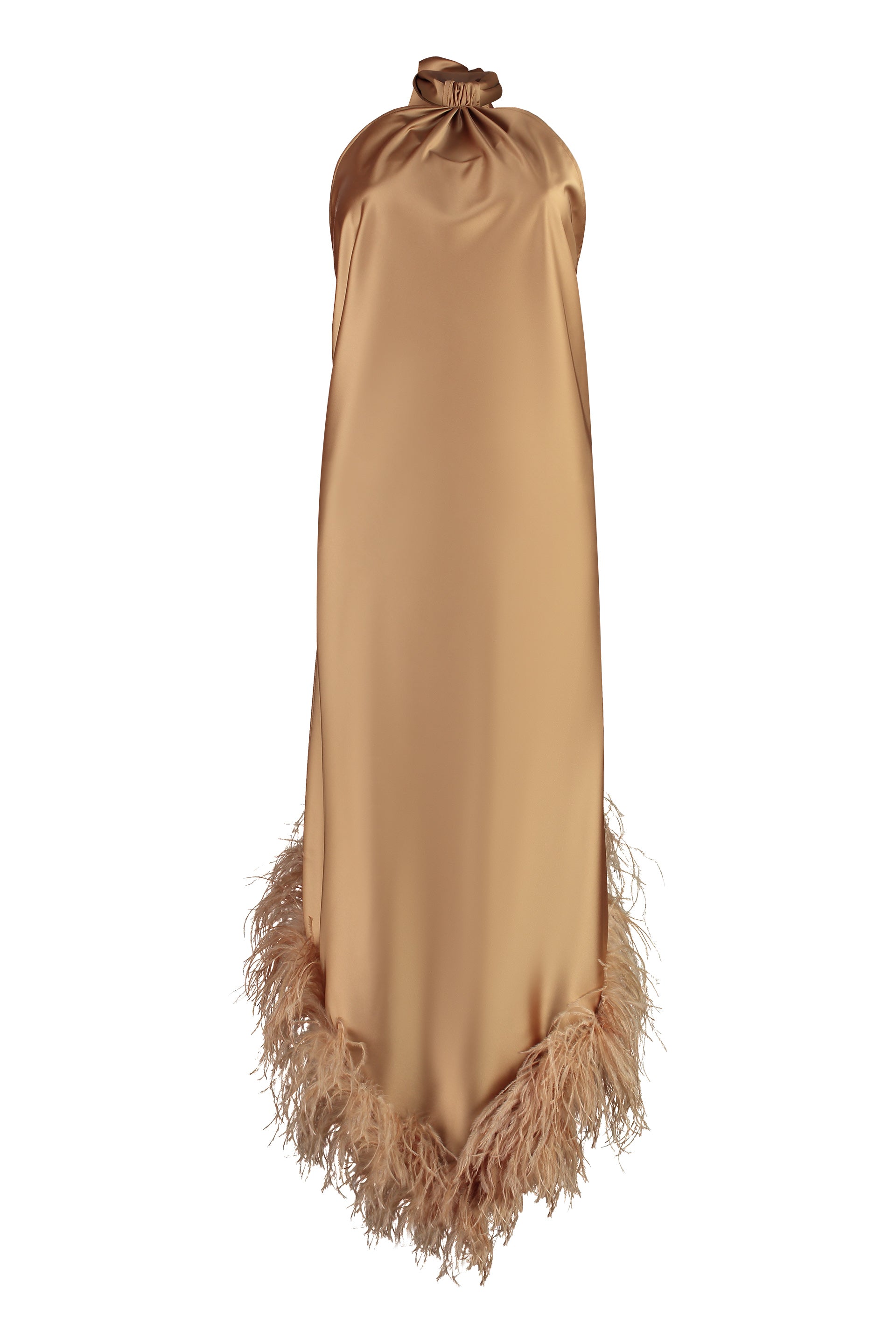 GIUSEPPE DI MORABITO Mini Satin Dress with Open Back and Feather Hemline
