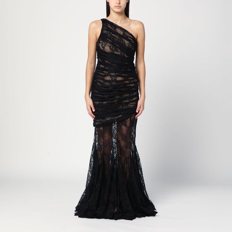 GIUSEPPE DI MORABITO Long Lace Semi-Transparent Dress with One-Shoulder Design