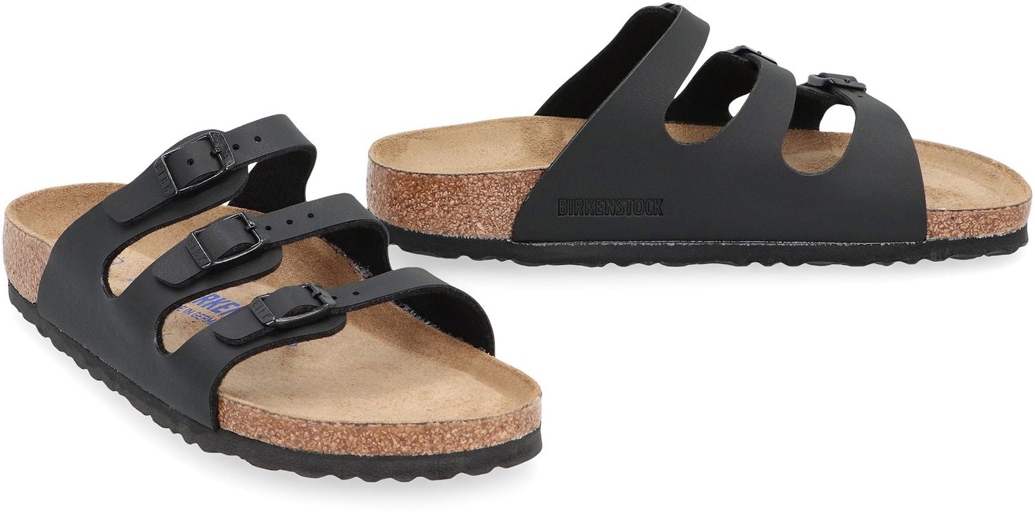 BIRKENSTOCK Leather Slide Sandals with Silver Metal Buckles