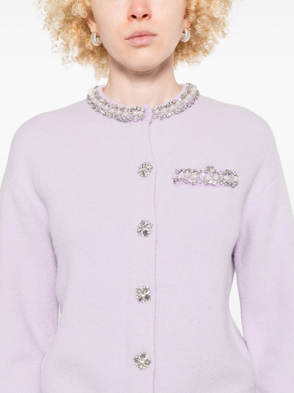 SELF-PORTRAIT Buttoned Pearl Ribbed Sweater