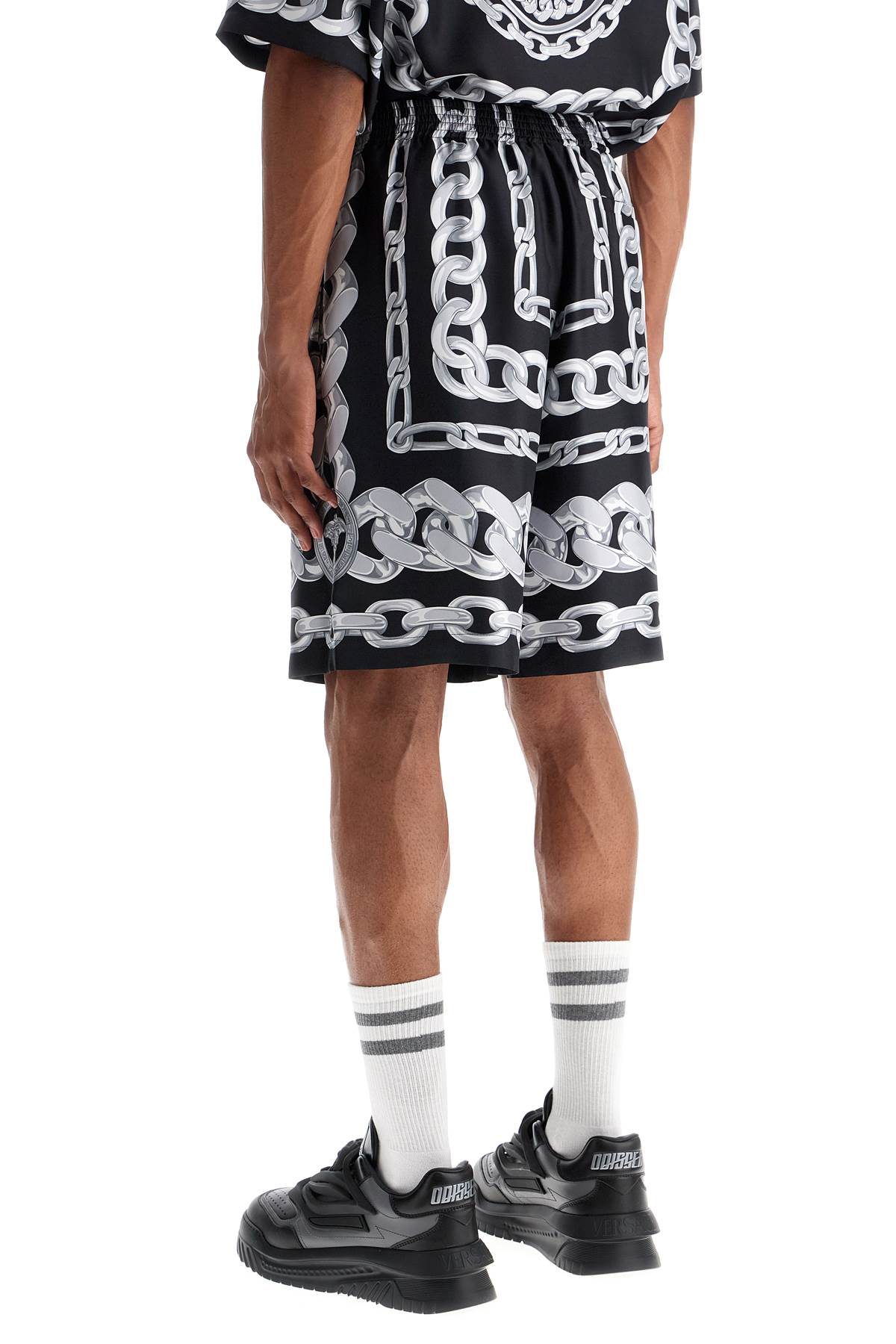 VERSACE Men's Printed Silk Shorts with Medusa Chain Design