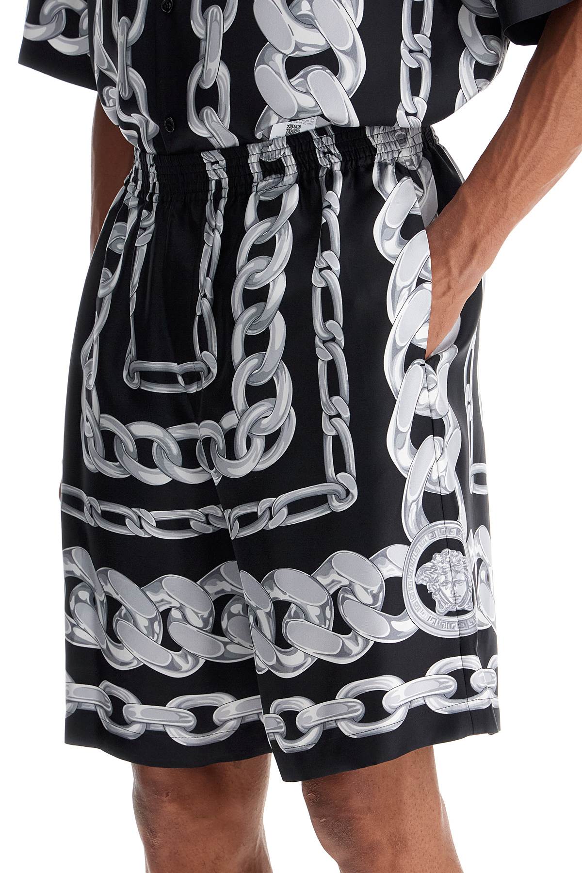 VERSACE Men's Printed Silk Shorts with Medusa Chain Design