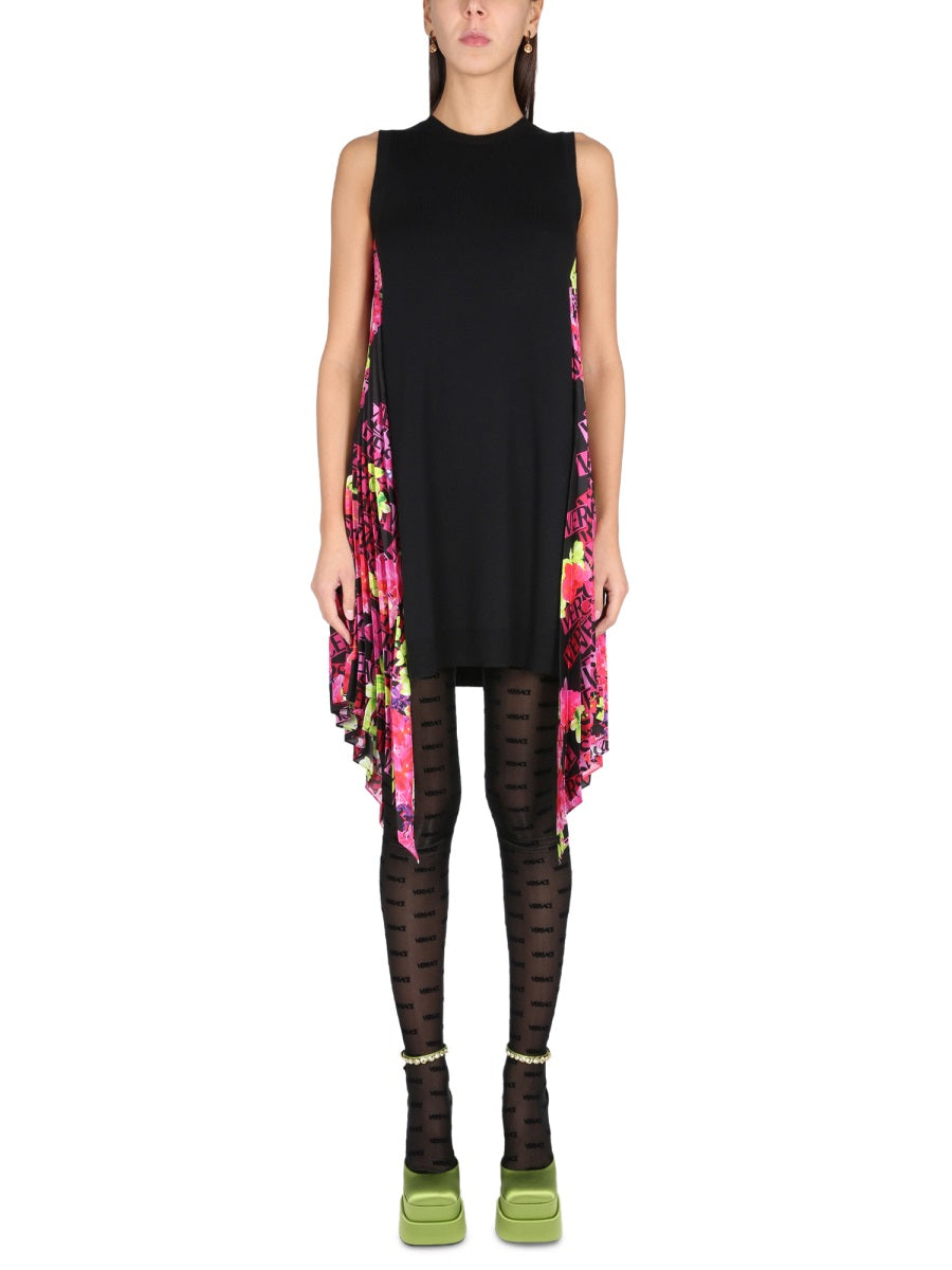 VERSACE Floral Print Pleated Chiffon Mini Dress