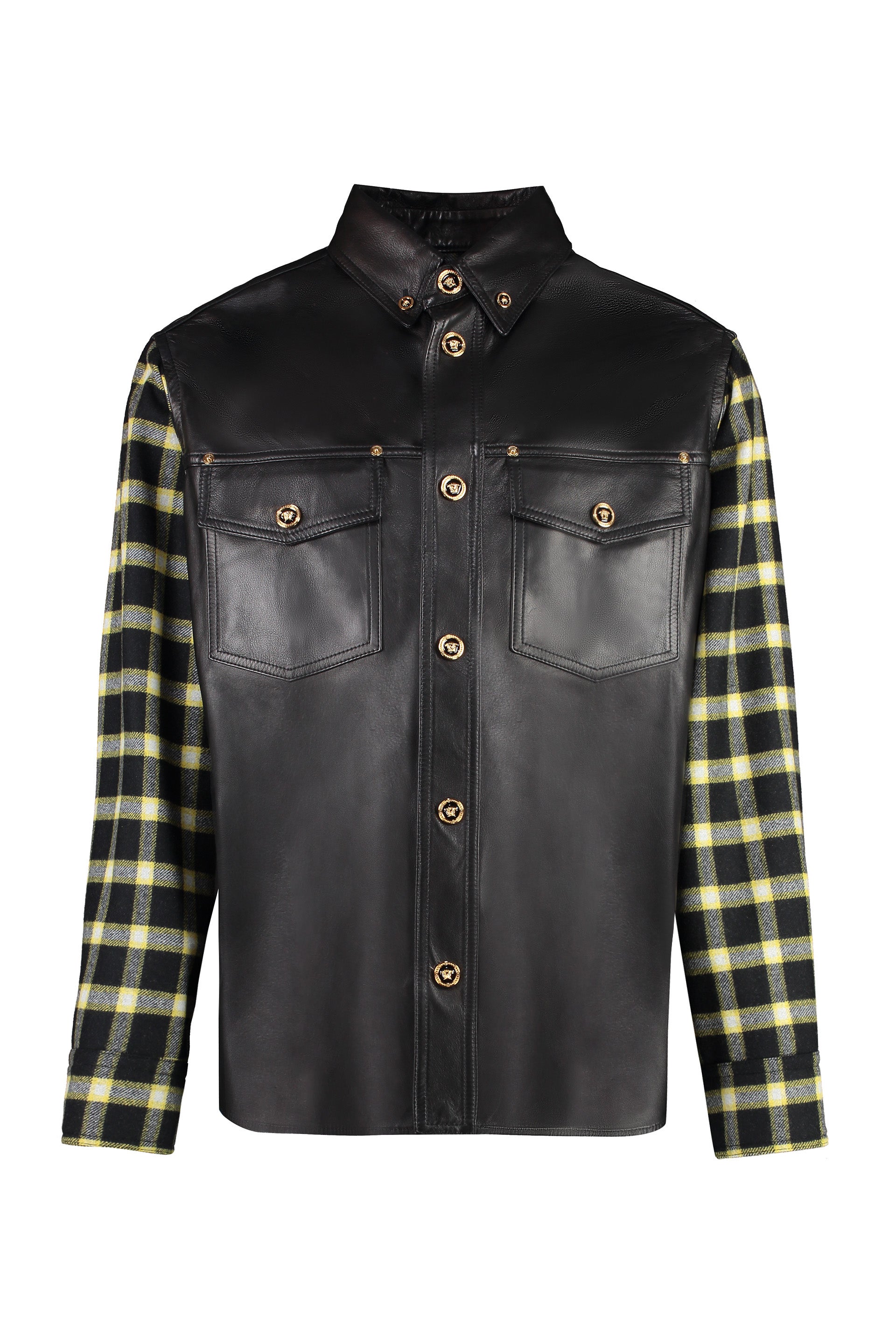 VERSACE Men's Leather Button-Up Shirt with Flap Pockets
