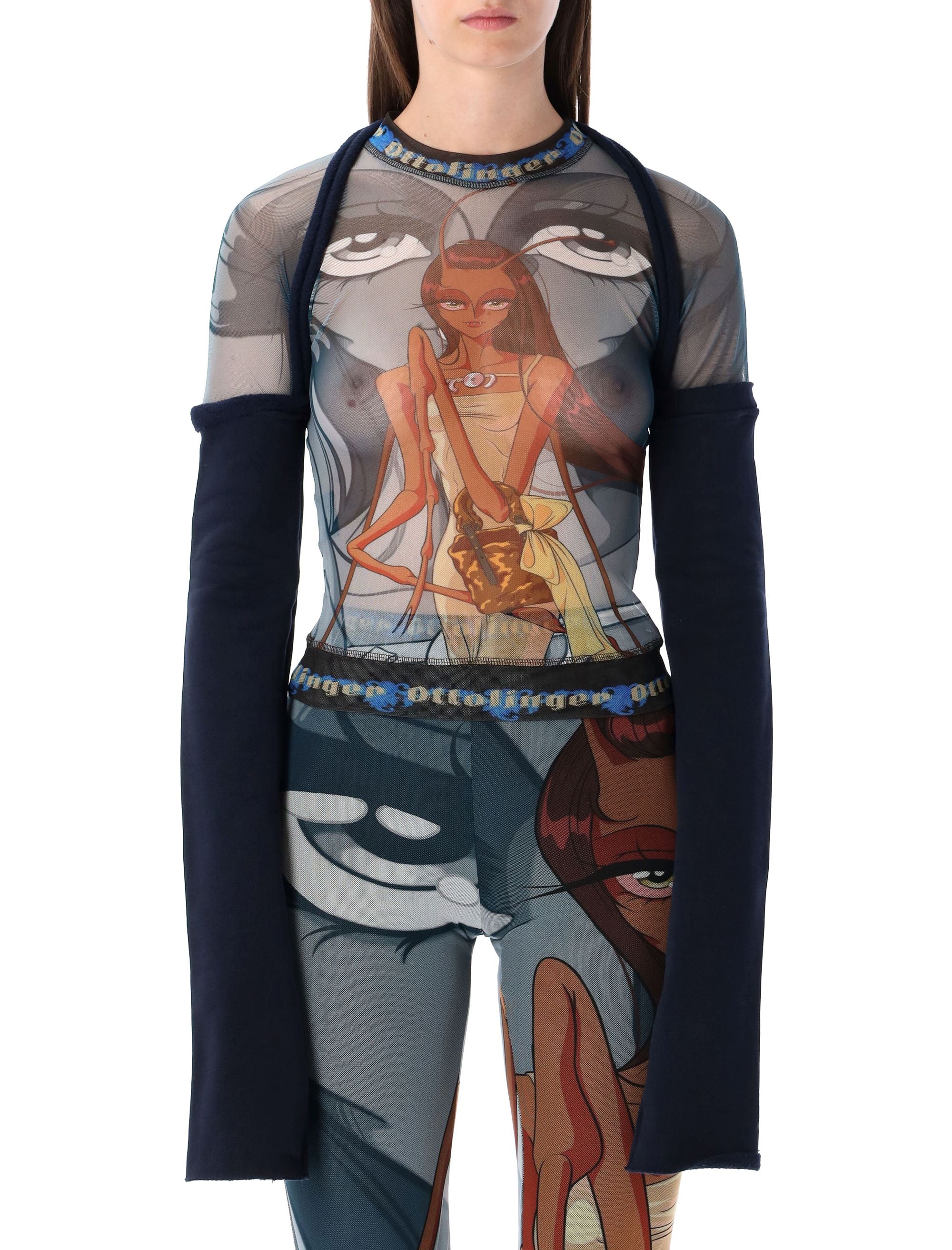 OTTOLINGER Printed Mesh Top with Sleeves, Size S