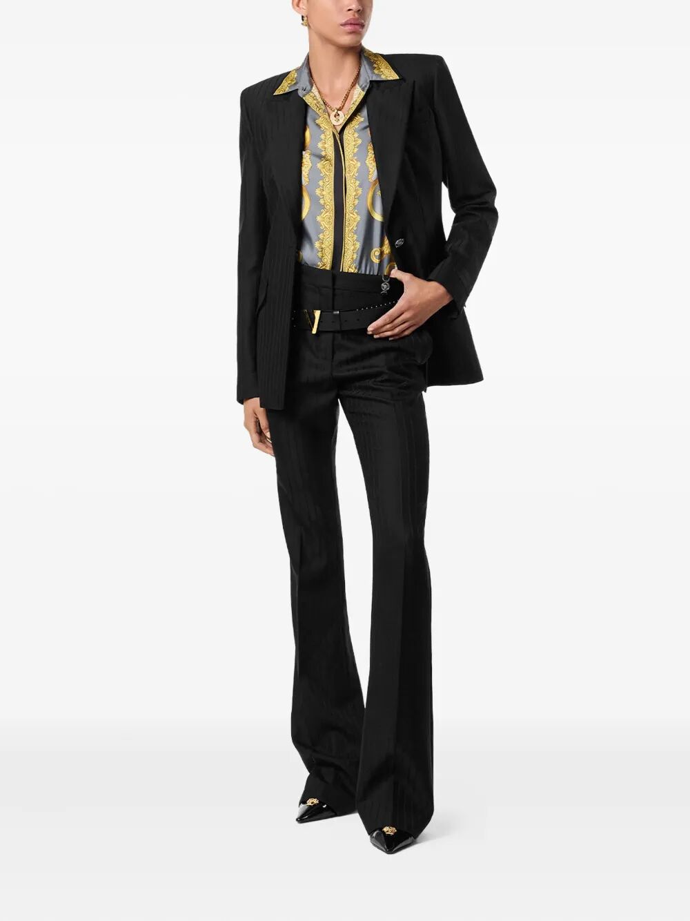 VERSACE Sophisticated Women’s Informal Wool Pants with Tonal Pinstripes