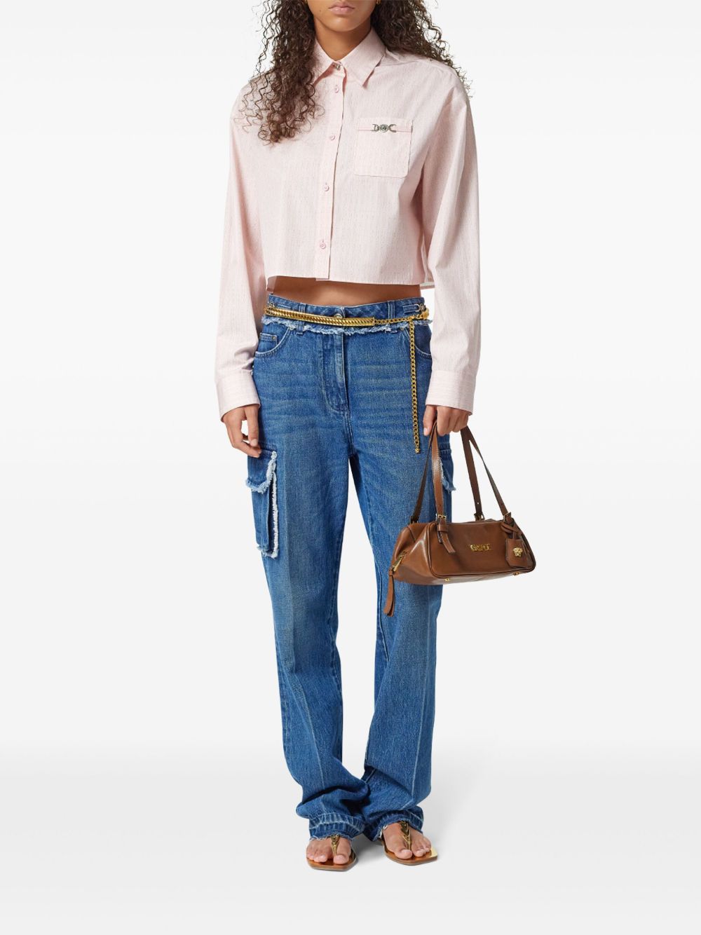 VERSACE Pinstripe Chain Cropped Shirt