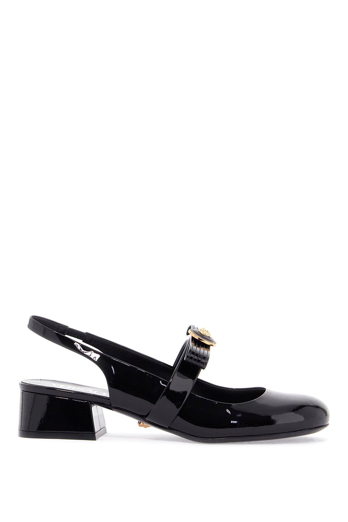 VERSACE Elegant Patent Leather Low Block Heel Slingbacks