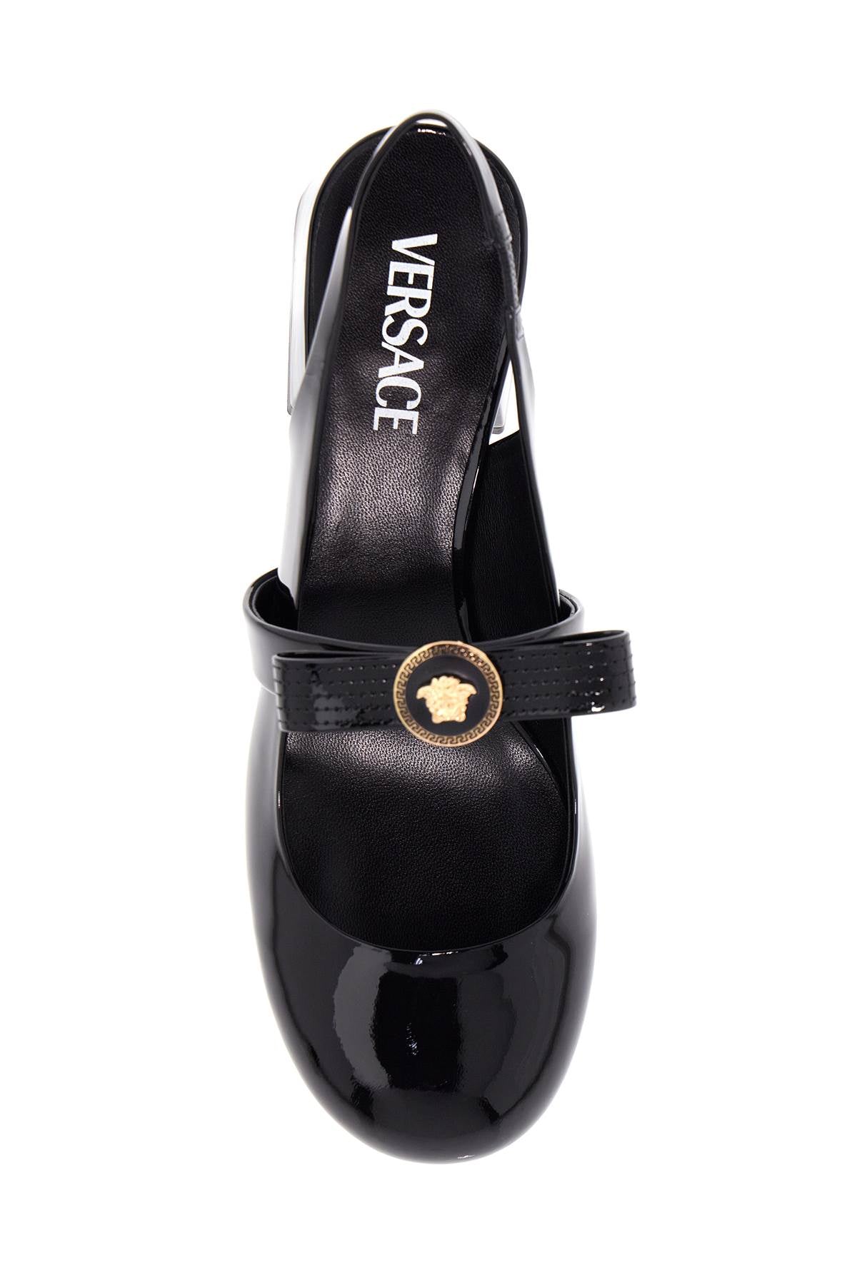 VERSACE Elegant Patent Leather Low Block Heel Slingbacks