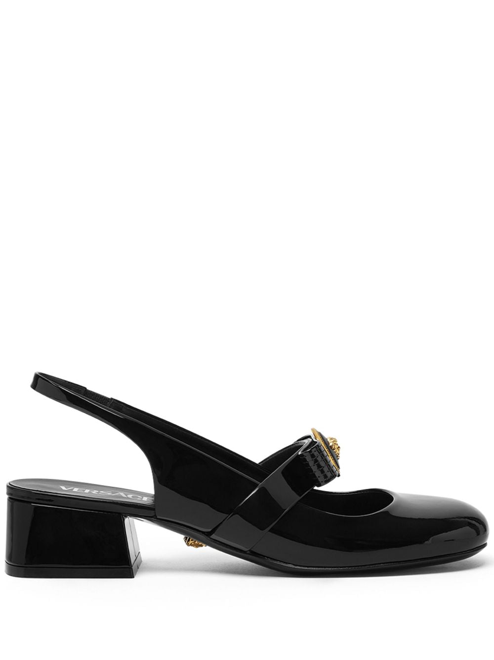 VERSACE Elegant Patent Leather Low Block Heel Slingbacks