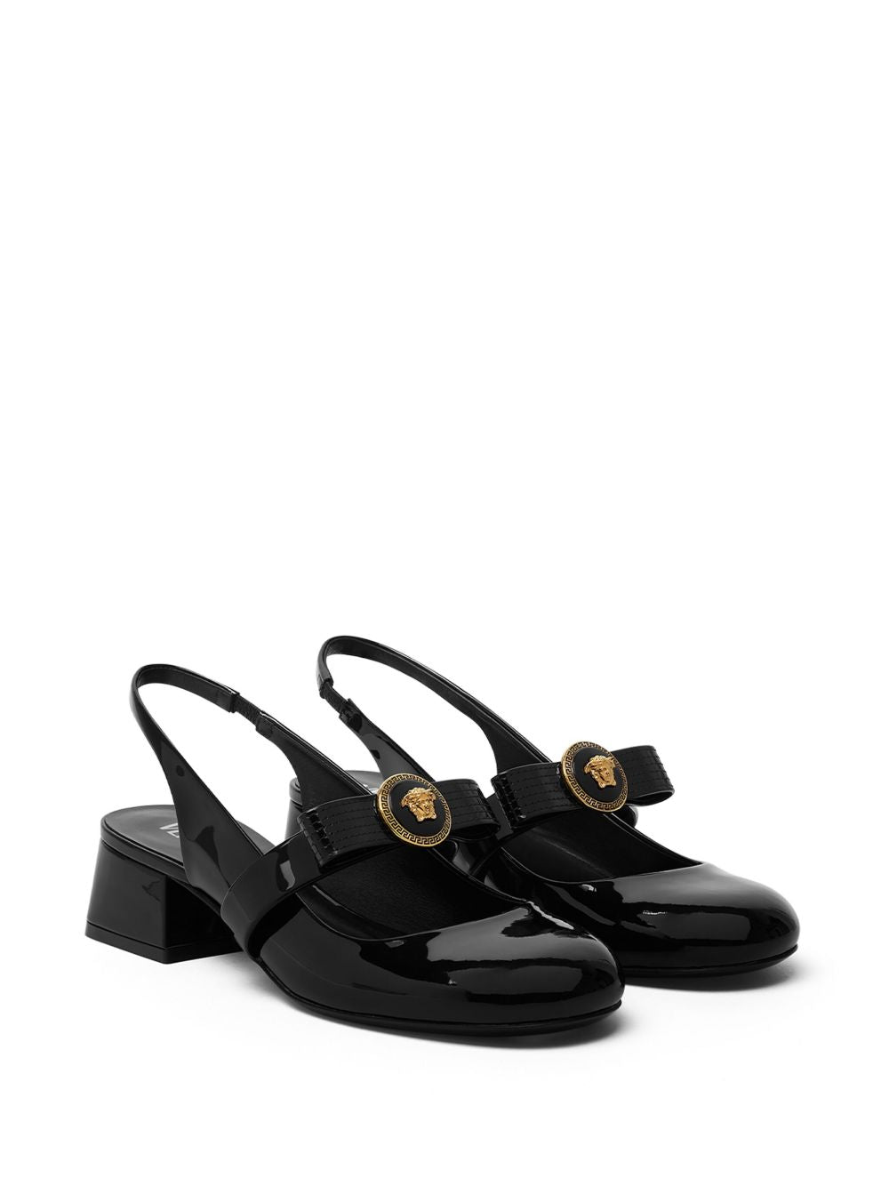 VERSACE Elegant Patent Leather Low Block Heel Slingbacks