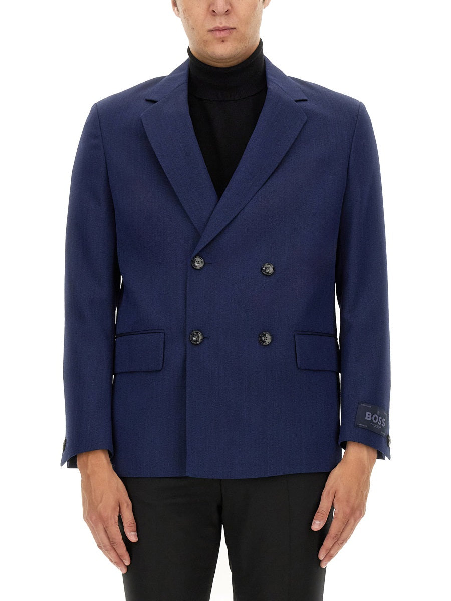 BOSS Double-Breasted Virgin Wool Jacket, Size 48