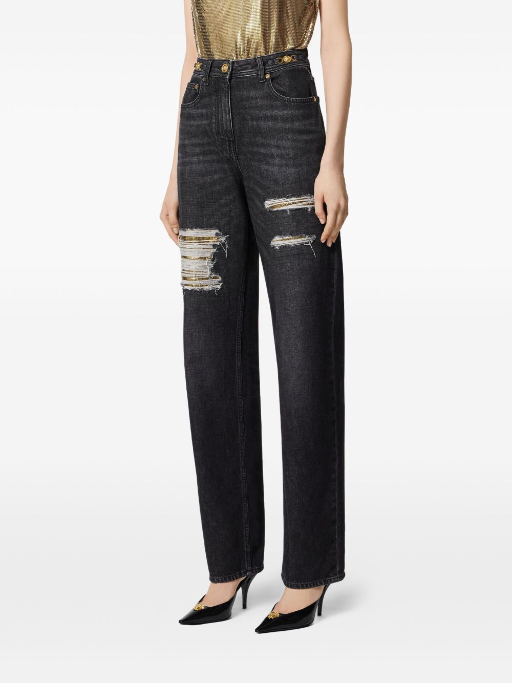 VERSACE High-Rise Ripped Jeans with Embroidered Waistband - Large Size