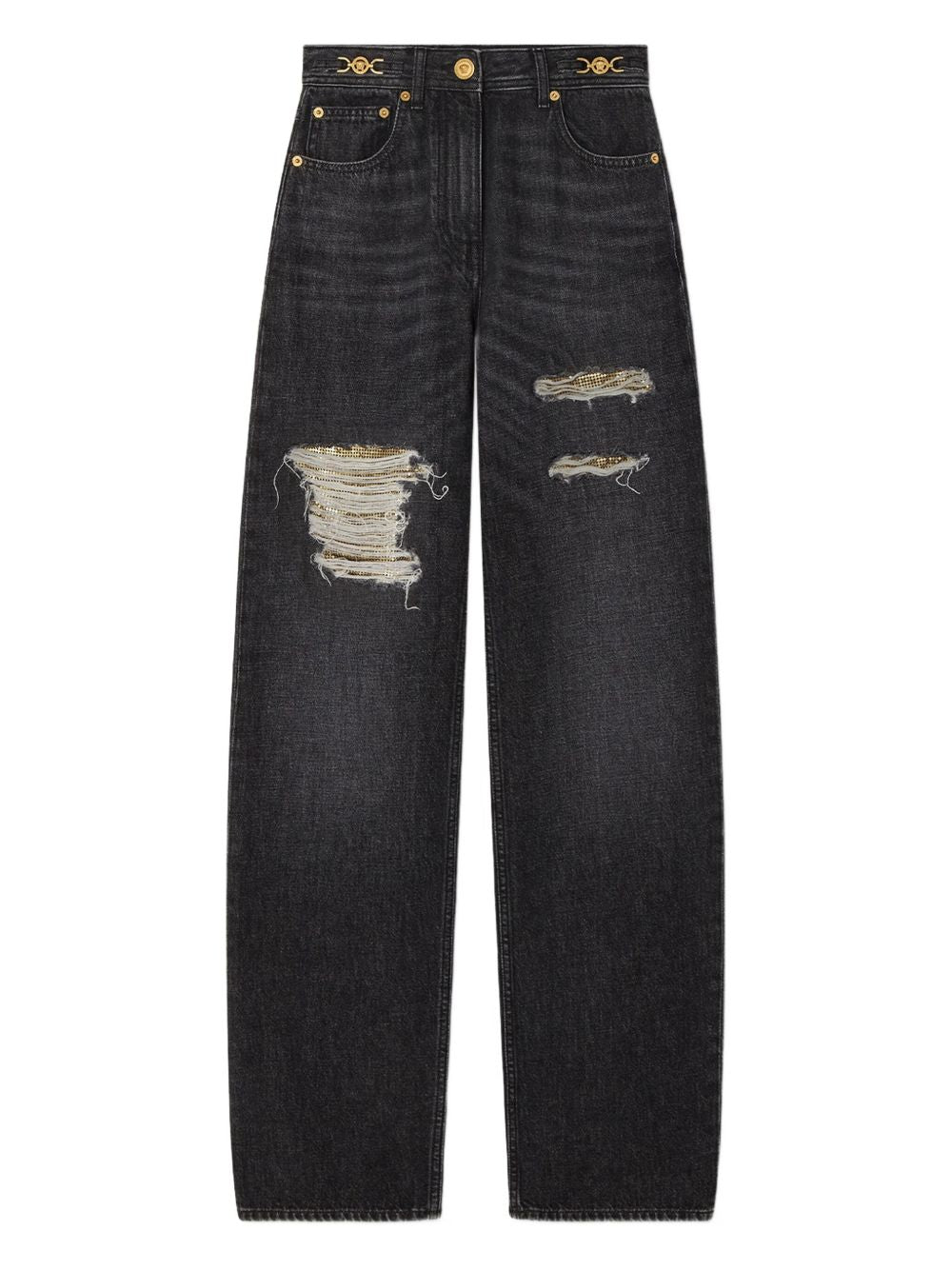 VERSACE High-Rise Ripped Jeans with Embroidered Waistband - Large Size