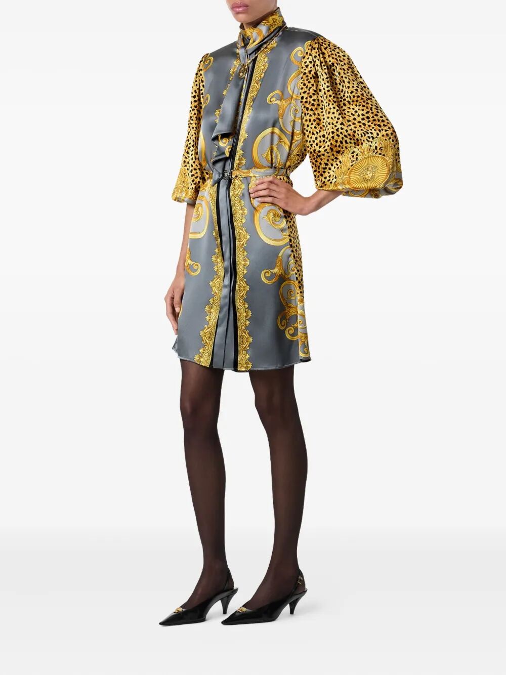 VERSACE Cheetah Foulard Style Mini Dress on Silk Crepe Satin