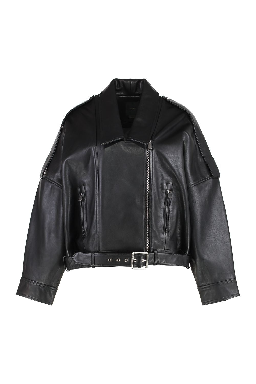 PINKO Oversized Leather Biker Jacket with Waist Belt