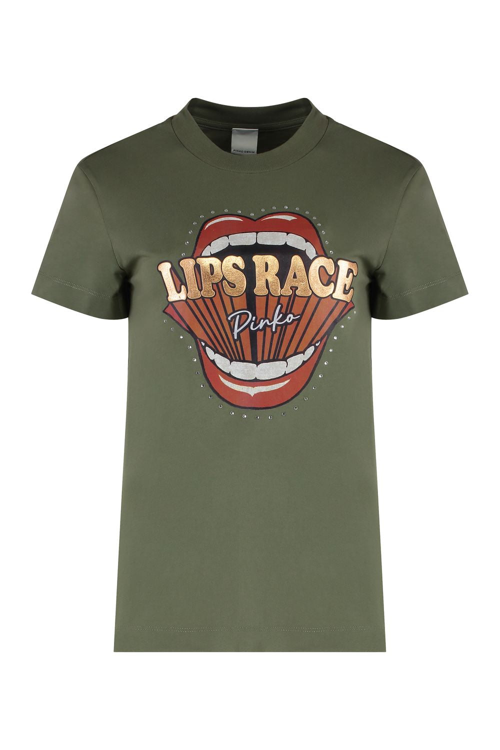 PINKO Cotton Crew-Neck T-Shirt with Front Print and Rhinestones