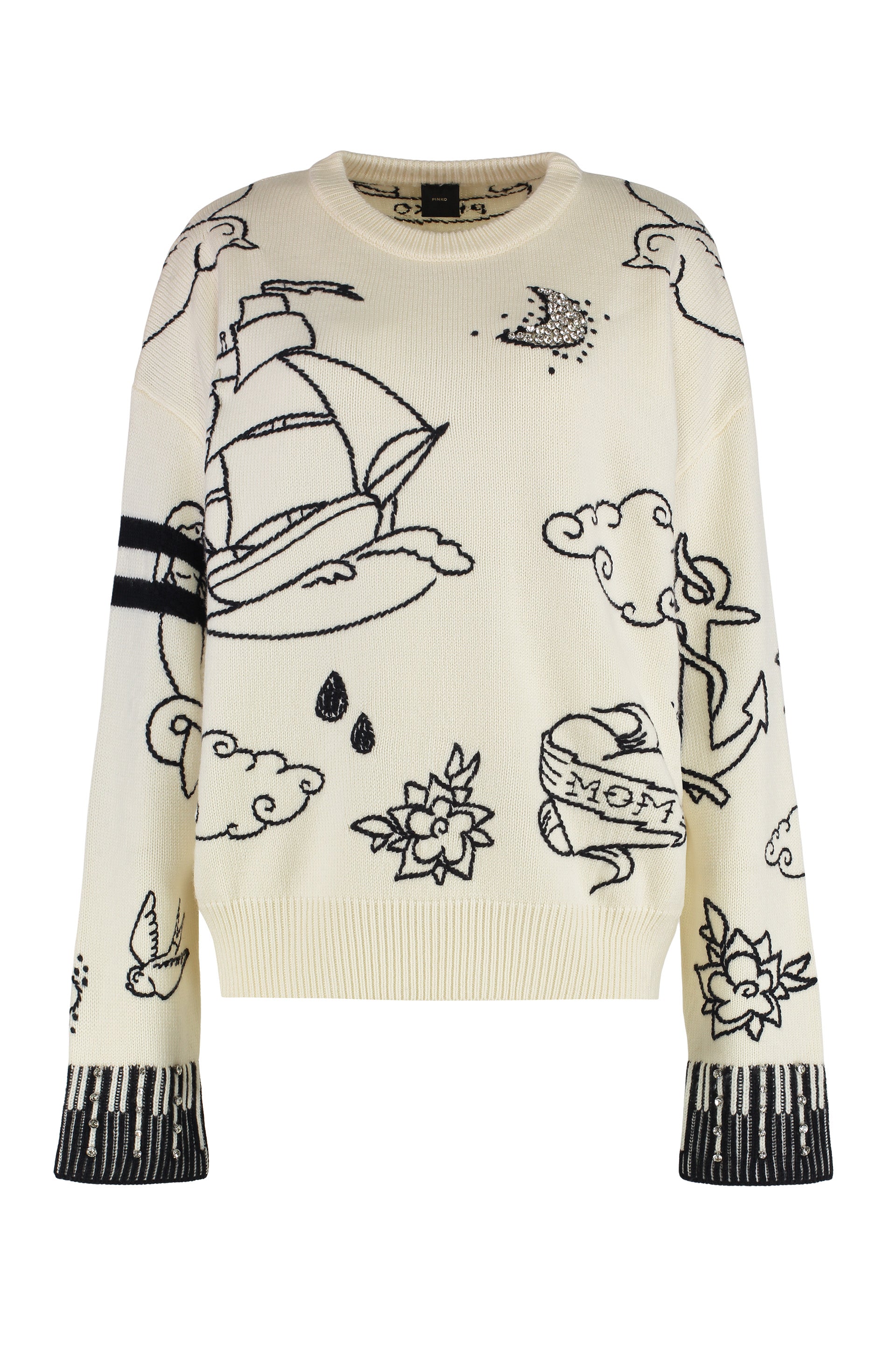 PINKO Crew-Neck Wool Sweater with Stone Embellishments