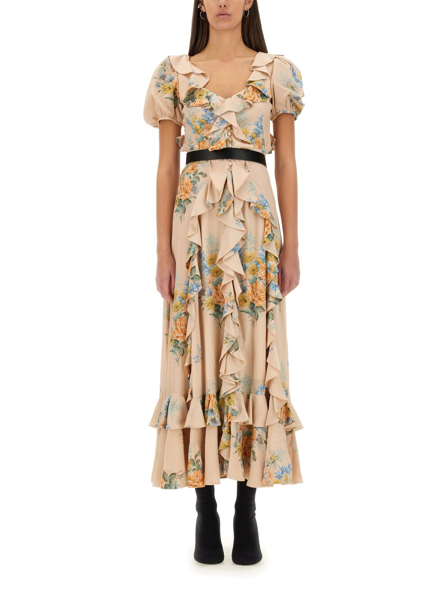 ALEXANDER McQUEEN Floral Print Ruched Mini Dress with V Collar and Puff Sleeves