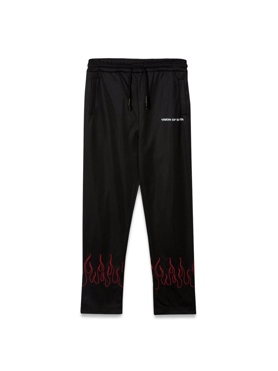 VISION OF SUPER Unisex Black Pants with Red Embroidered Flames