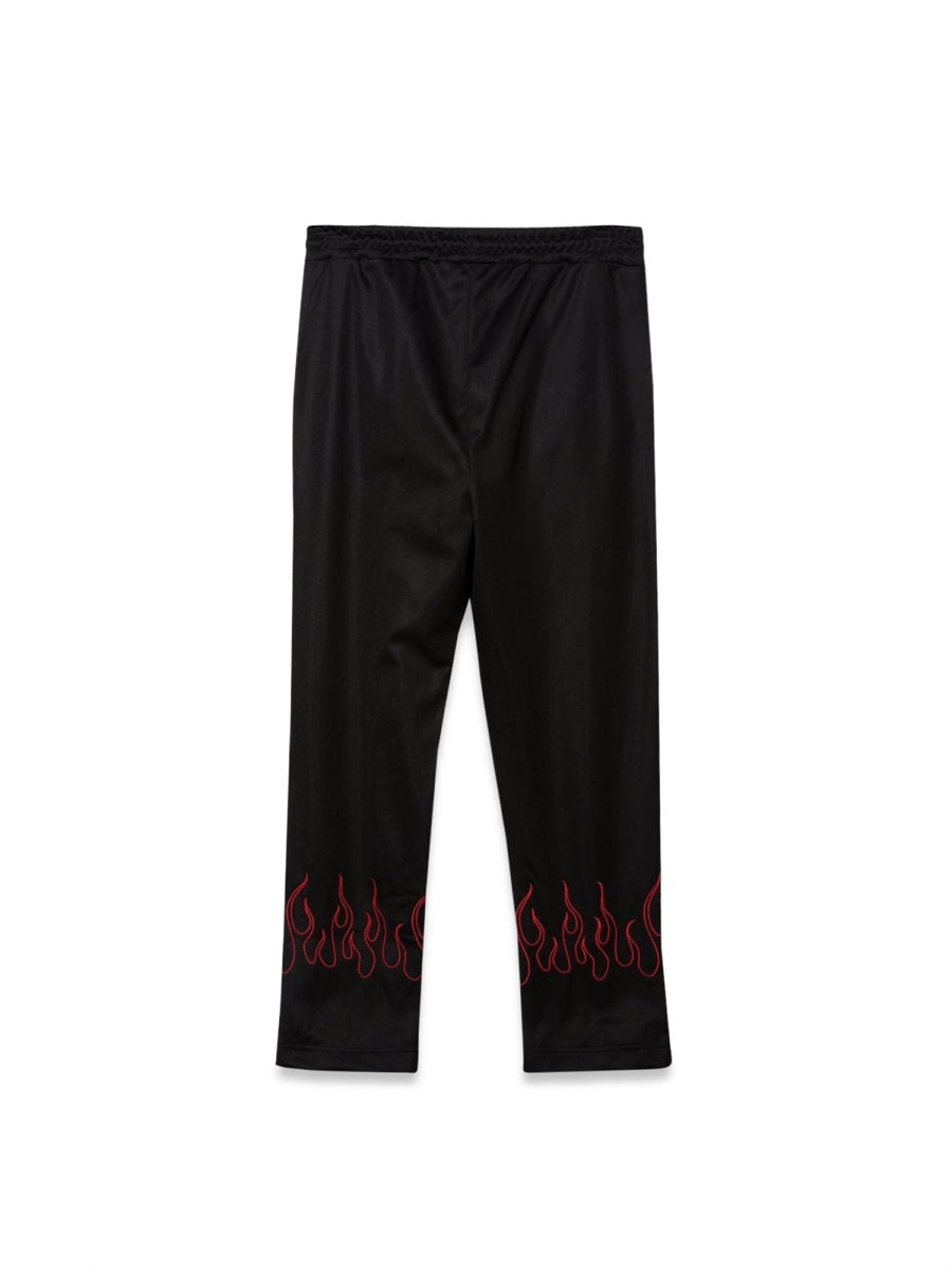 VISION OF SUPER Unisex Black Pants with Red Embroidered Flames