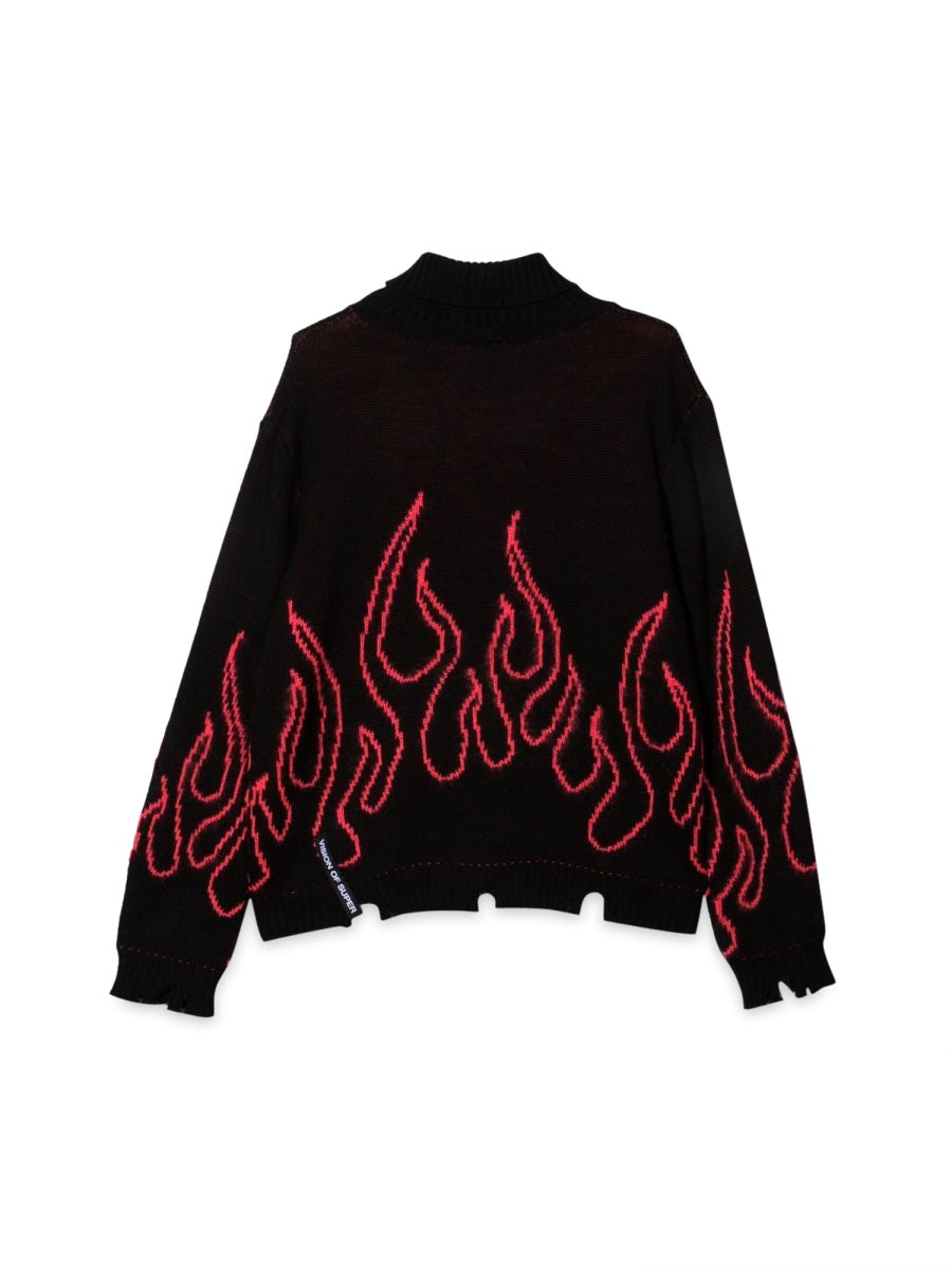 VISION OF SUPER High Neck Jumper with Pink Flames - Unisex