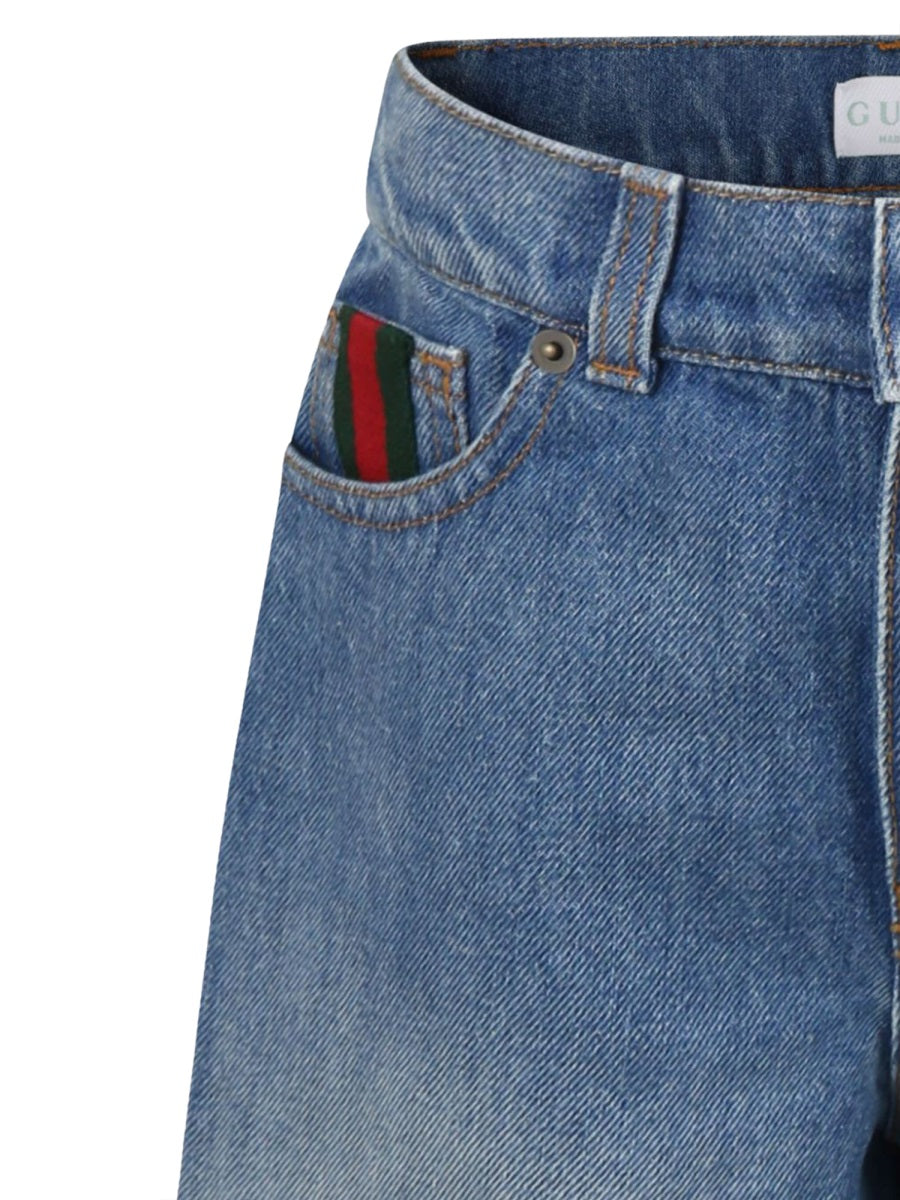 GUCCI Unisex Denim Shorts with Web Ribbon