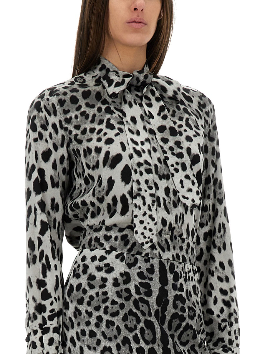DOLCE & GABBANA Leopard Print Bow Charmeuse Shirt - Size 40 IT