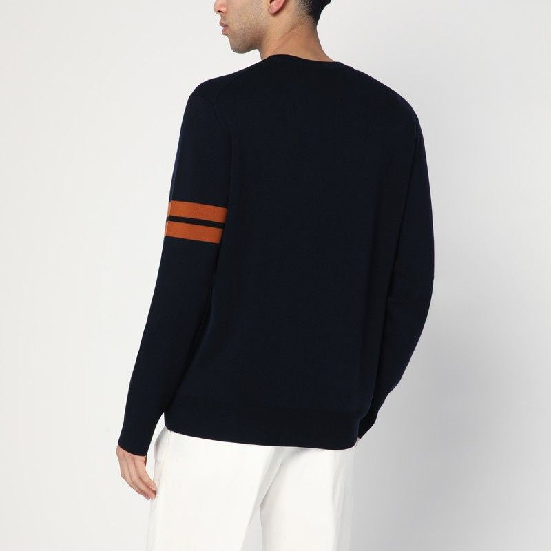 ZEGNA Men's Crew Neck Wool Sweater with Striped Detail