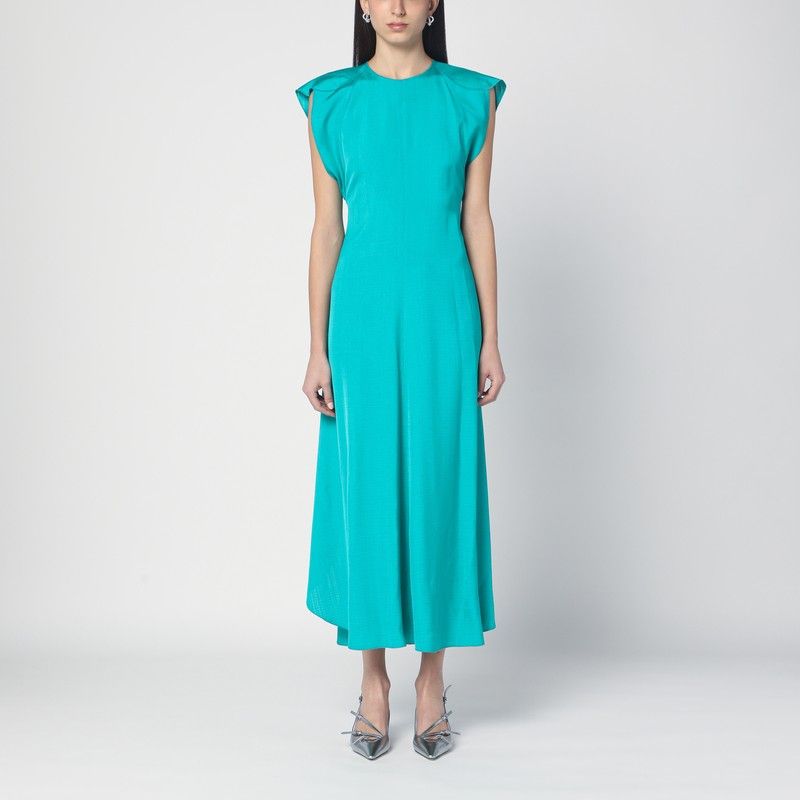 VICTORIA BECKHAM Peacock Colour Midi Dress with Hooded Sleeves for Women