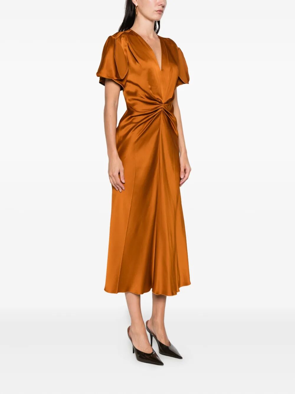 VICTORIA BECKHAM Gathered V Neck Midi Dress