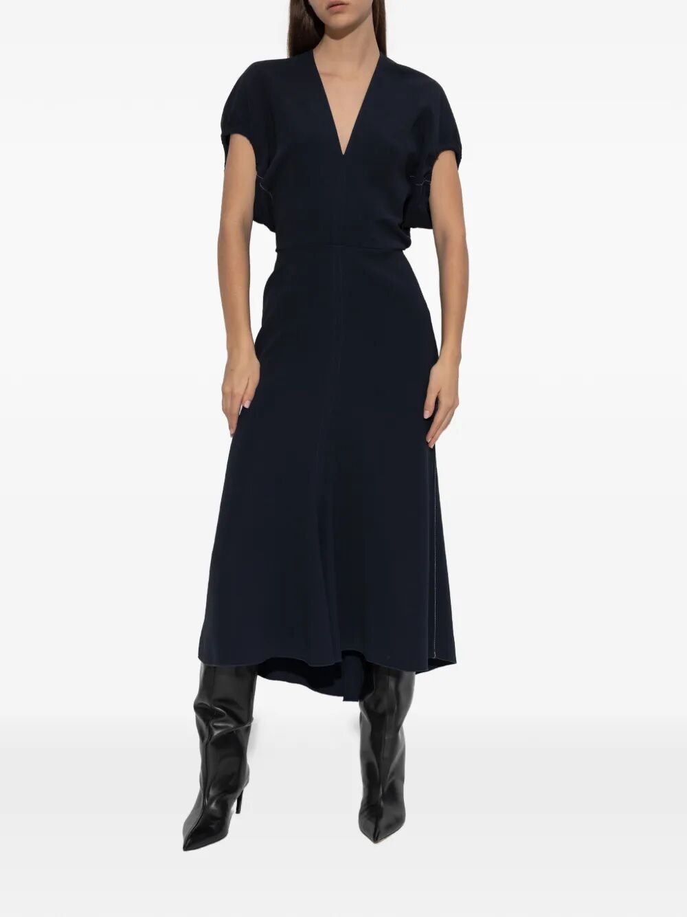 VICTORIA BECKHAM V-Neck Midi Dress with Blouson Detail - Women's Fashion