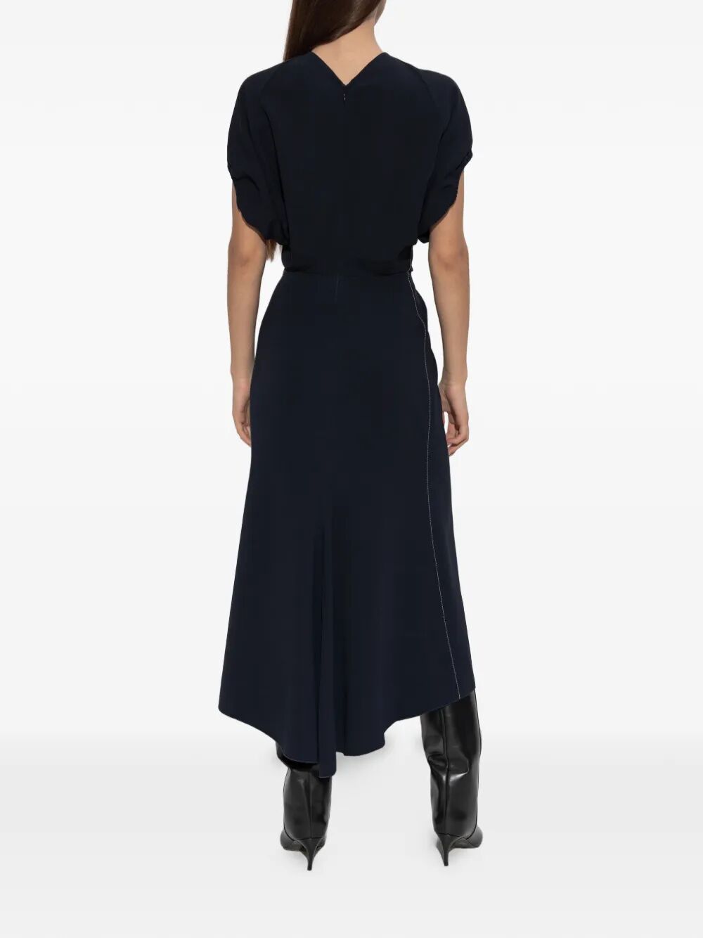 VICTORIA BECKHAM V-Neck Midi Dress with Blouson Detail - Women's Fashion