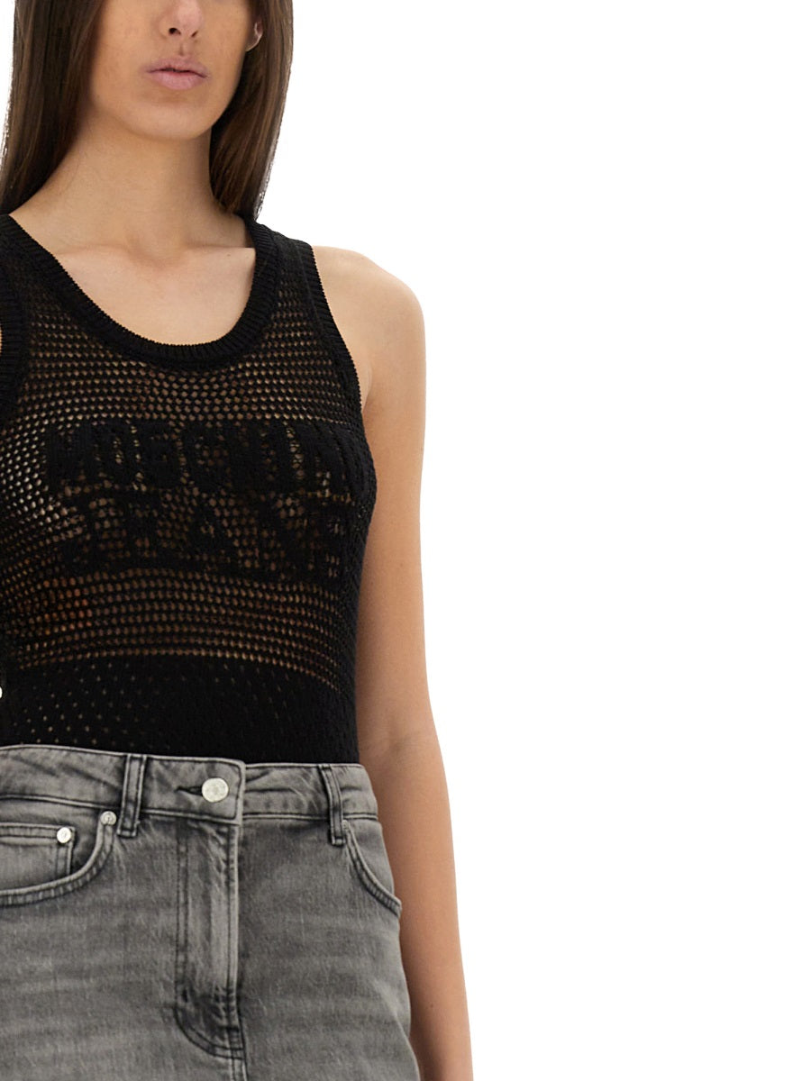 MOSCHINO JEANS Slim Fit Mesh Top with Logo - Size S